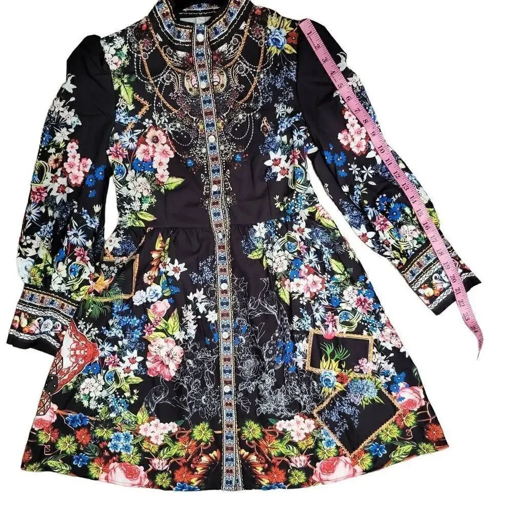 Floral Printed Mock Neck Long Sleeve‎ Button Casual Shirt Dress